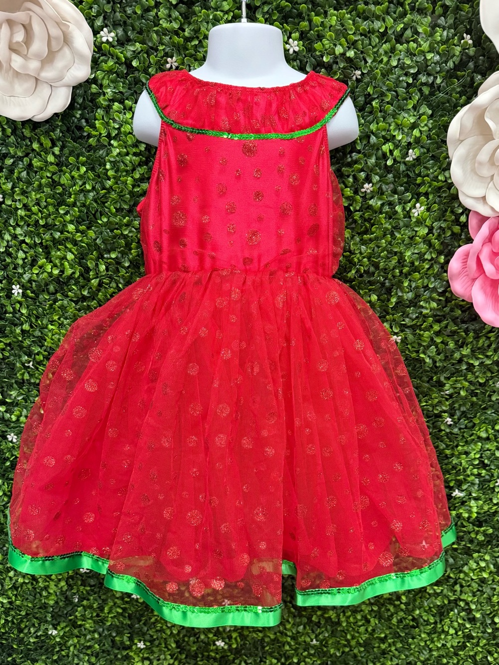 Red Glitter Tulle Kids Dance Costume Dress - Green Trim